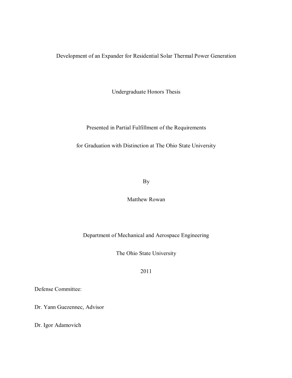 Development of an Expander for Residential Solar Thermal Power Generation