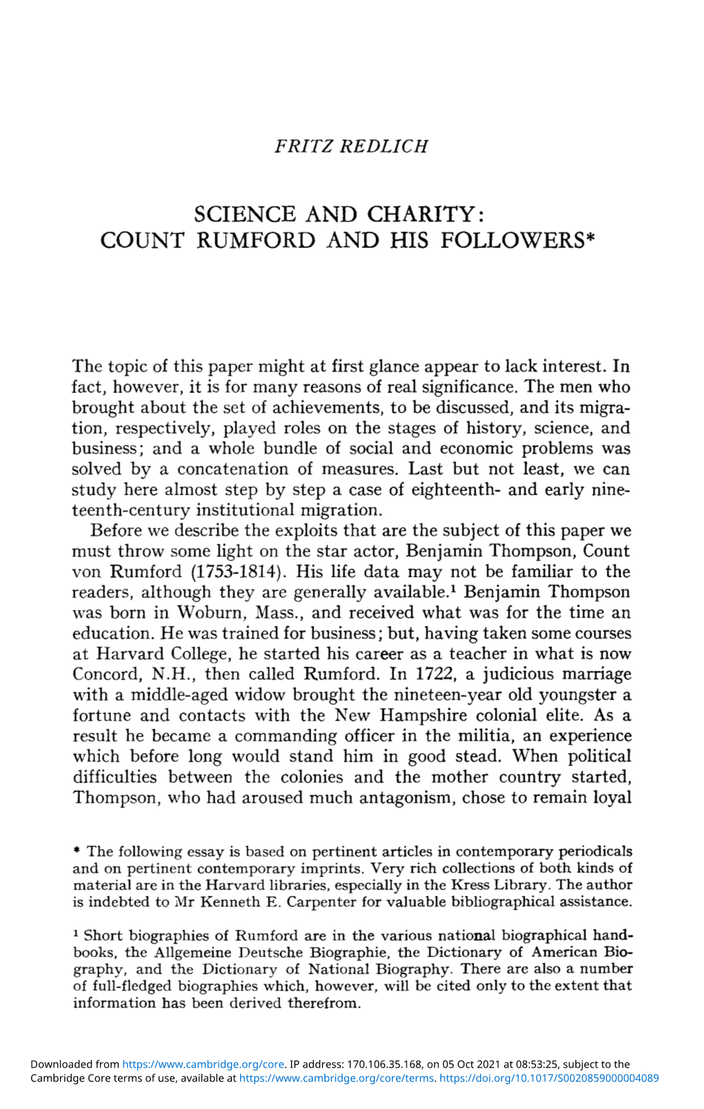 Science and Charity: Count Rumford and His Followers*