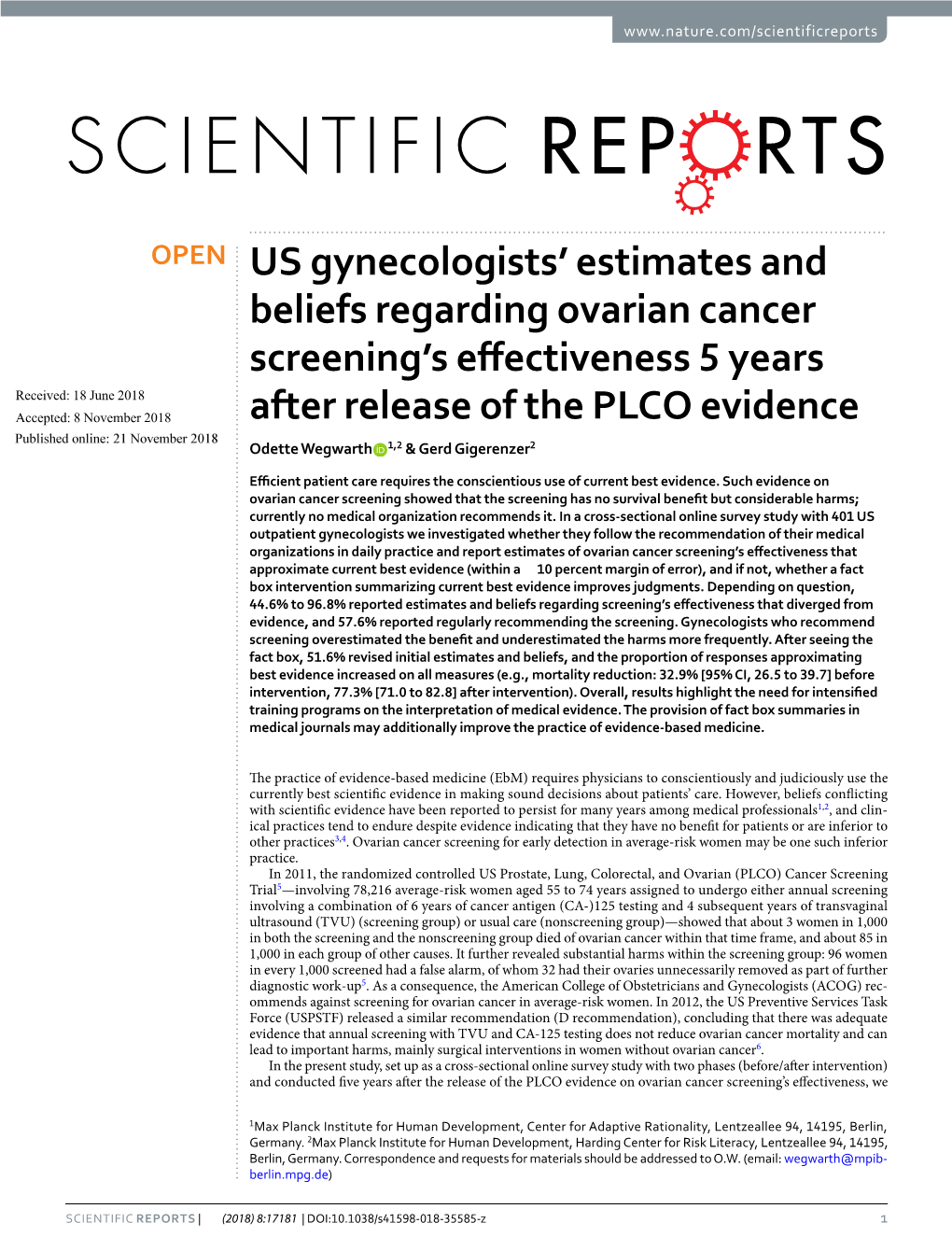 US Gynecologists' Estimates and Beliefs Regarding Ovarian Cancer