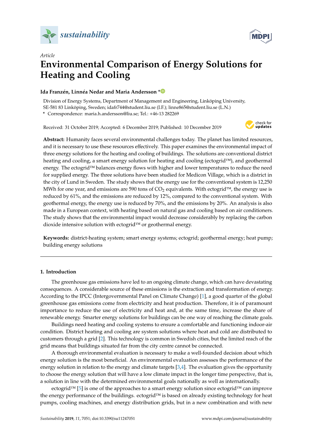 Environmental Comparison of Energy Solutions for Heating and Cooling