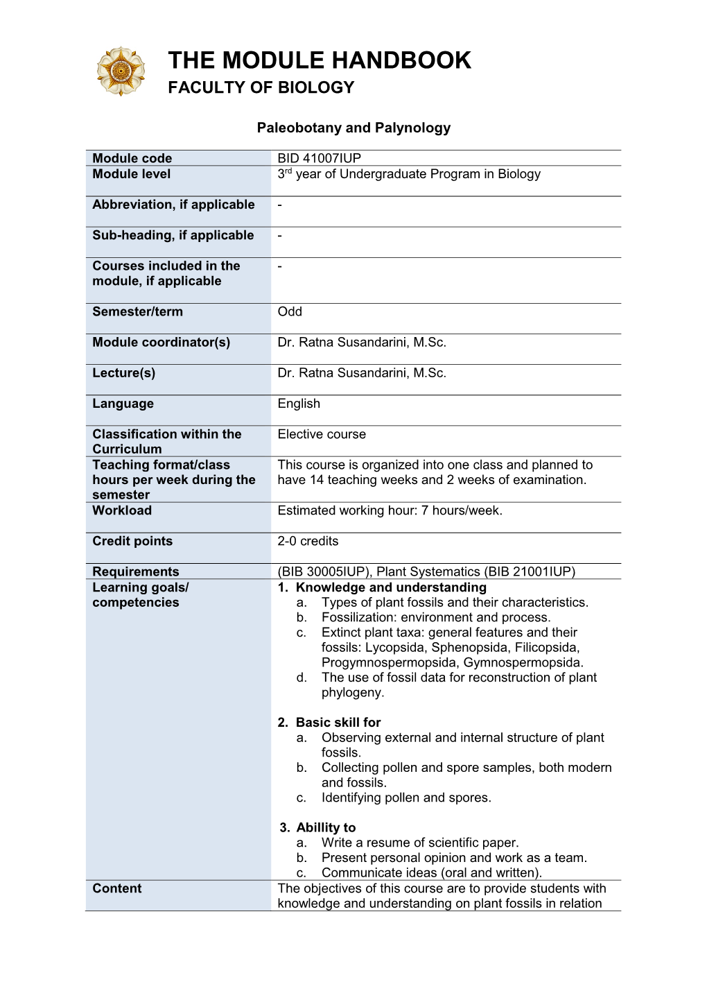 The Module Handbook Faculty of Biology