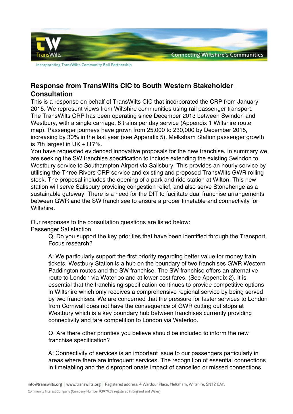Response from Transwilts CIC to South Western Stakeholder Consultation This Is a Response on Behalf of Transwilts CIC That Incorporated the CRP from January 2015