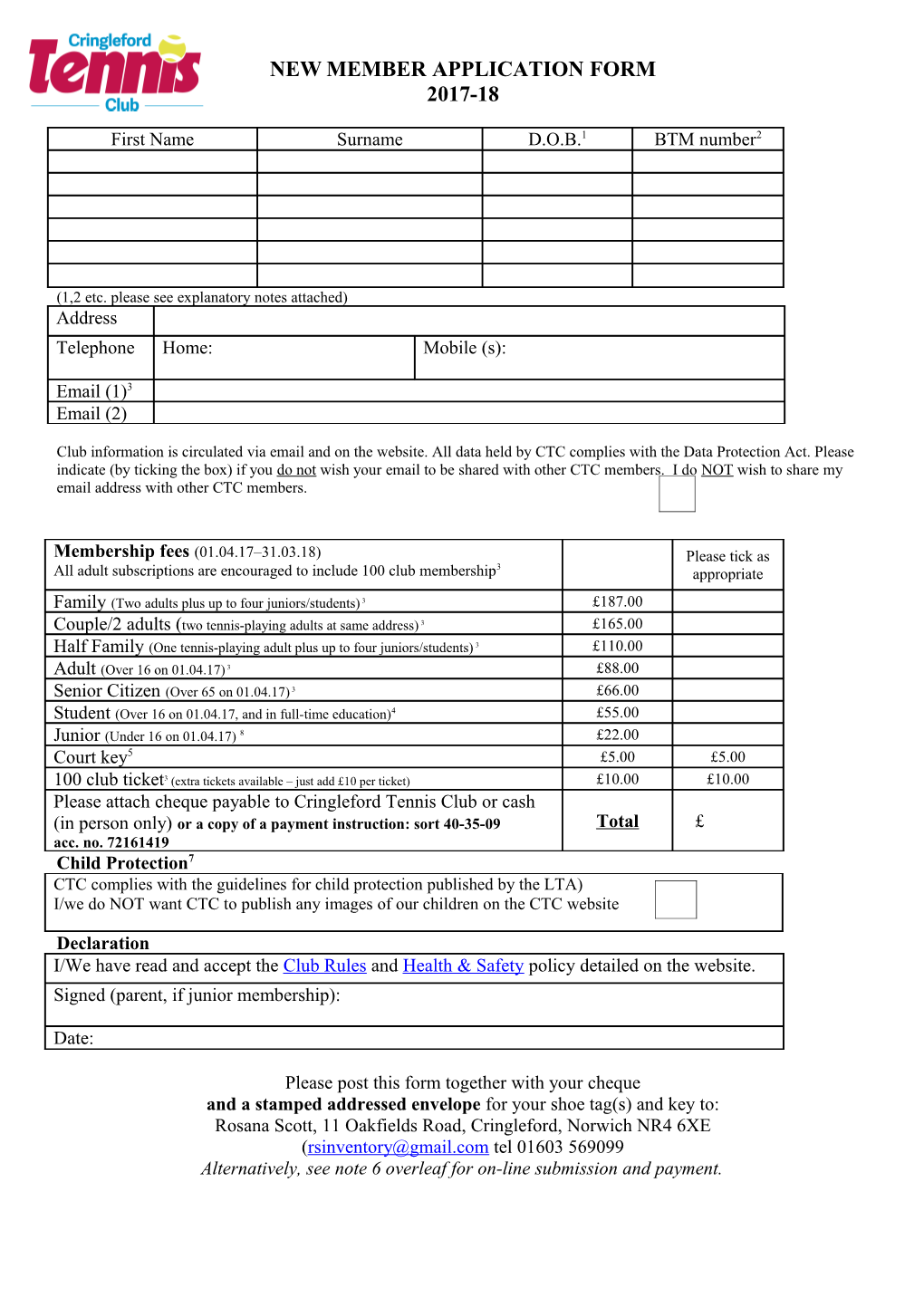 Cringleford Tennis Club Membership Form 2010/1