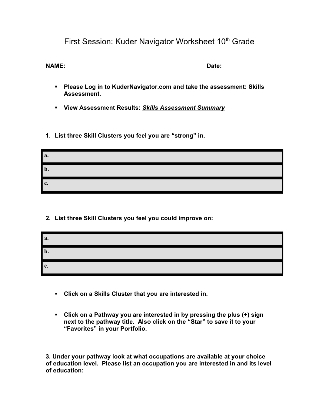 First Session: Kuder Navigator Worksheet 10Th Grade