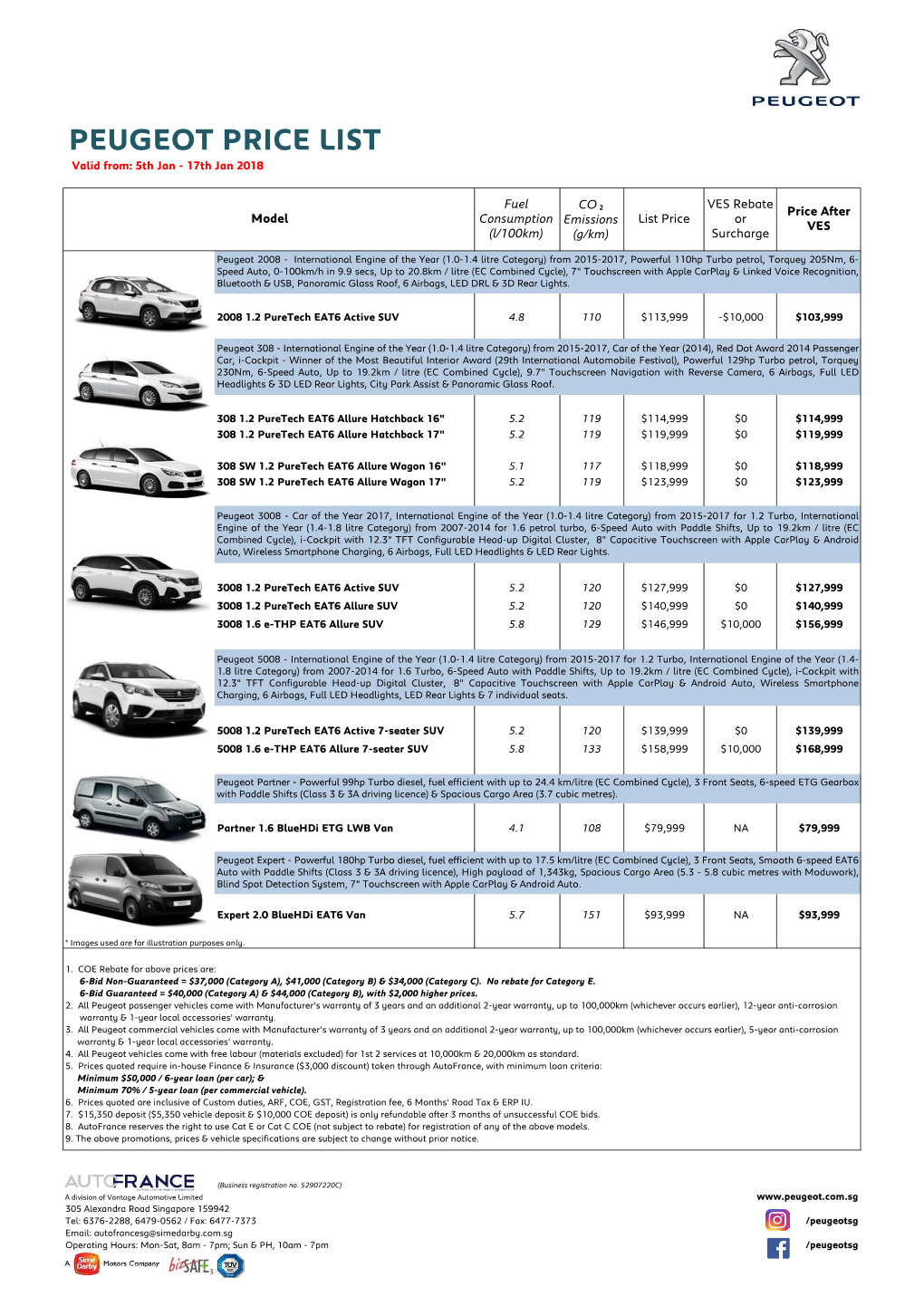 PEUGEOT PRICE LIST Valid From: 5Th Jan - 17Th Jan 2018