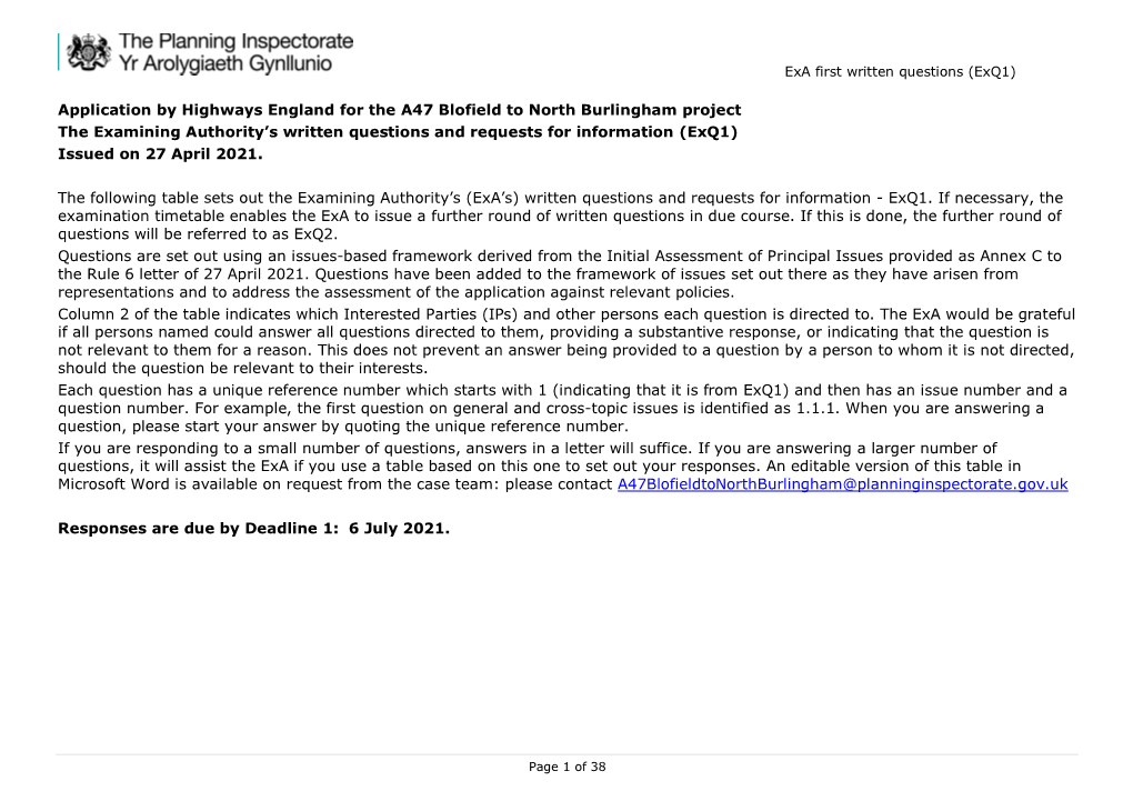 Examining Authority's (Exa) Written Questions (Exq1)