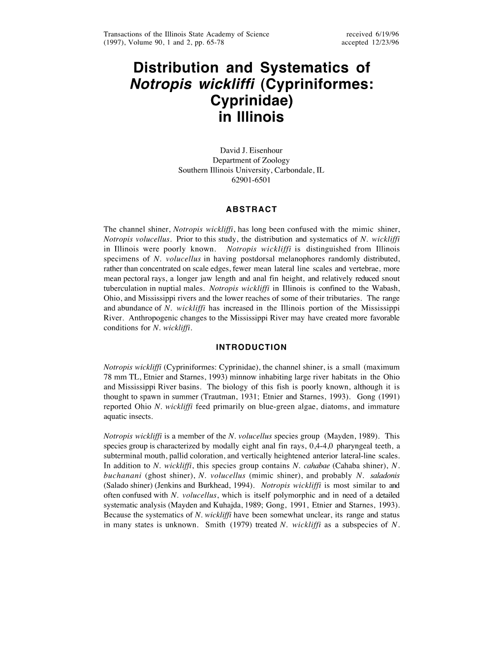 Distribution and Systematics of Notropis Wickliffi (Cypriniformes: Cyprinidae) in Illinois