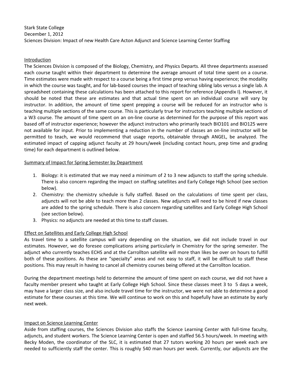 Sciences Division: Impact of New Health Care Acton Adjunct and Science Learning Center Staffing