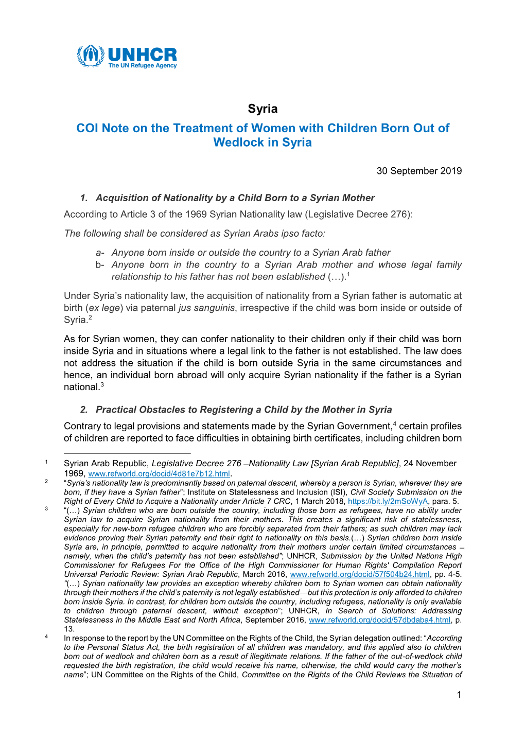 Syria COI Note on the Treatment of Women with Children Born out of Wedlock in Syria