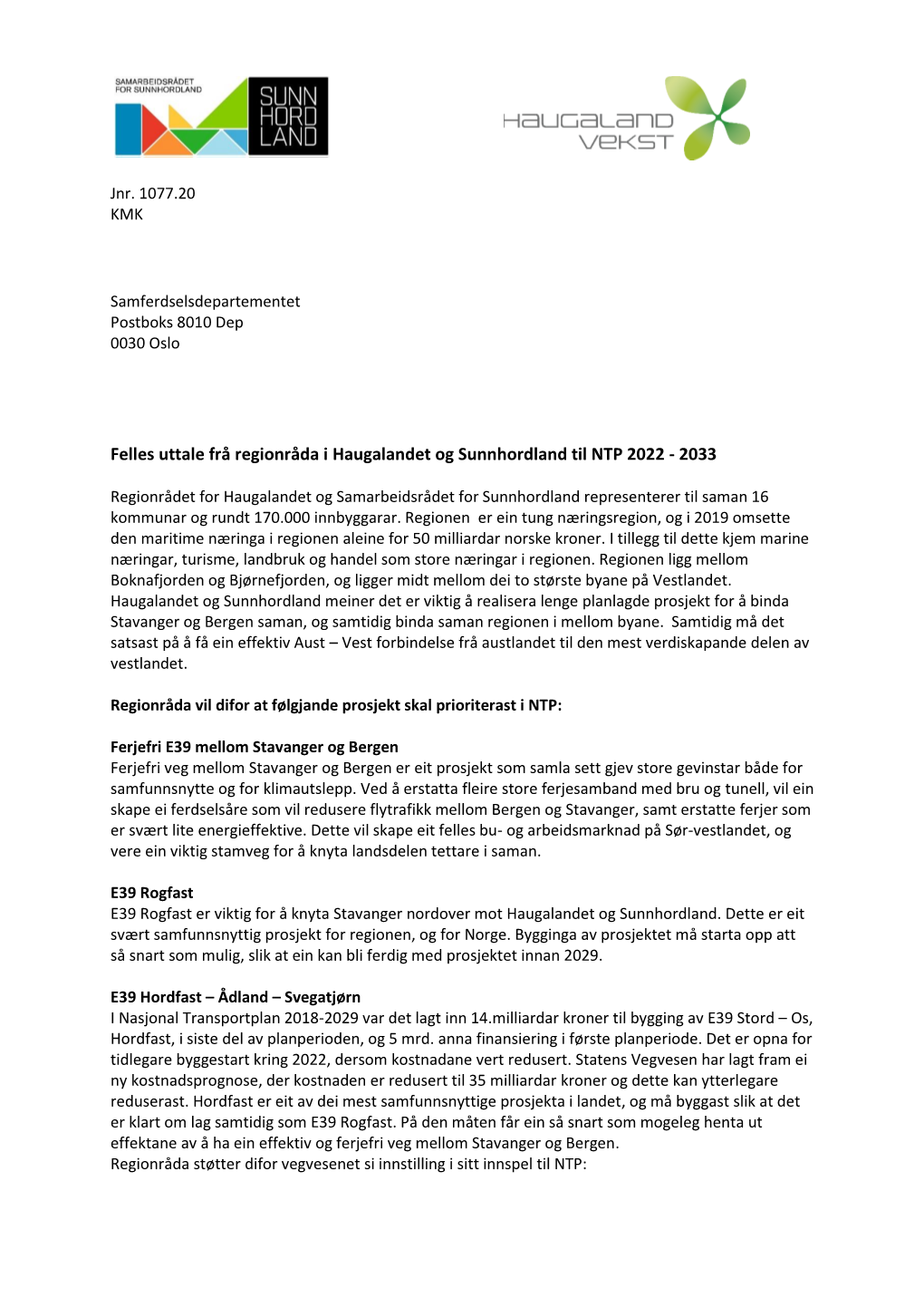 Felles Uttale Frå Regionråda I Haugalandet Og Sunnhordland Til NTP 2022 - 2033