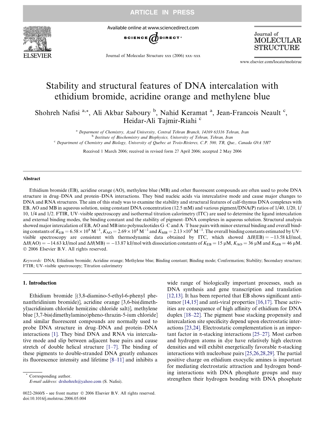 Stability and Structural Features of DNA Intercalation with Ethidium Bromide, Acridine Orange and Methylene Blue