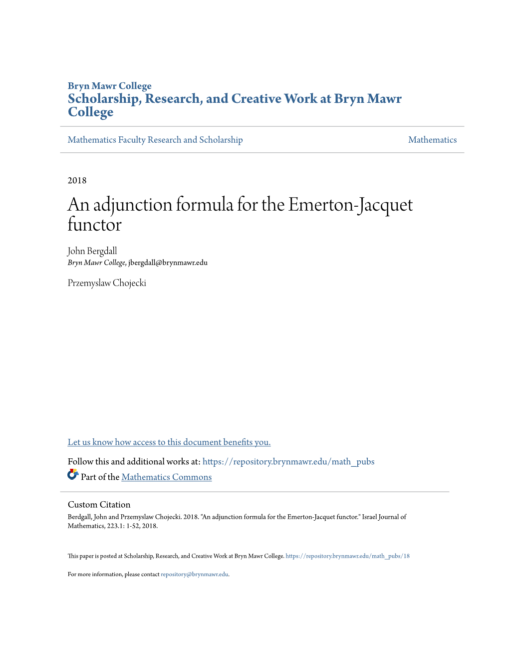 An Adjunction Formula for the Emerton-Jacquet Functor John Bergdall Bryn Mawr College, Jbergdall@Brynmawr.Edu