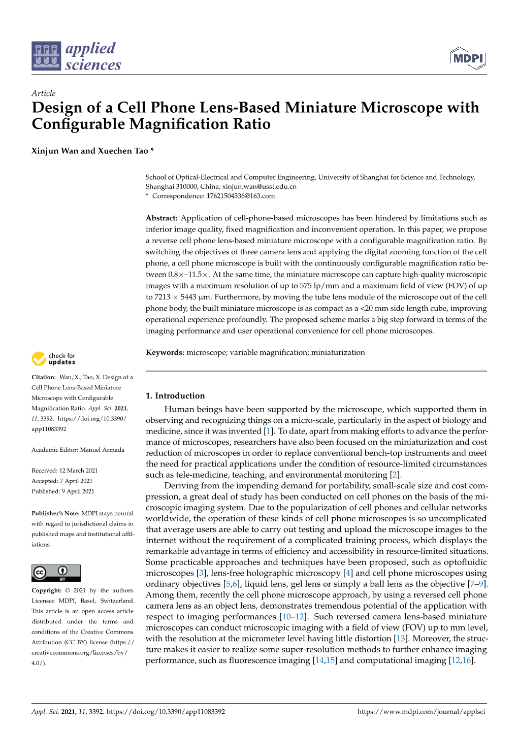 Design of a Cell Phone Lens-Based Miniature Microscope with Configurable Magnification Ratio