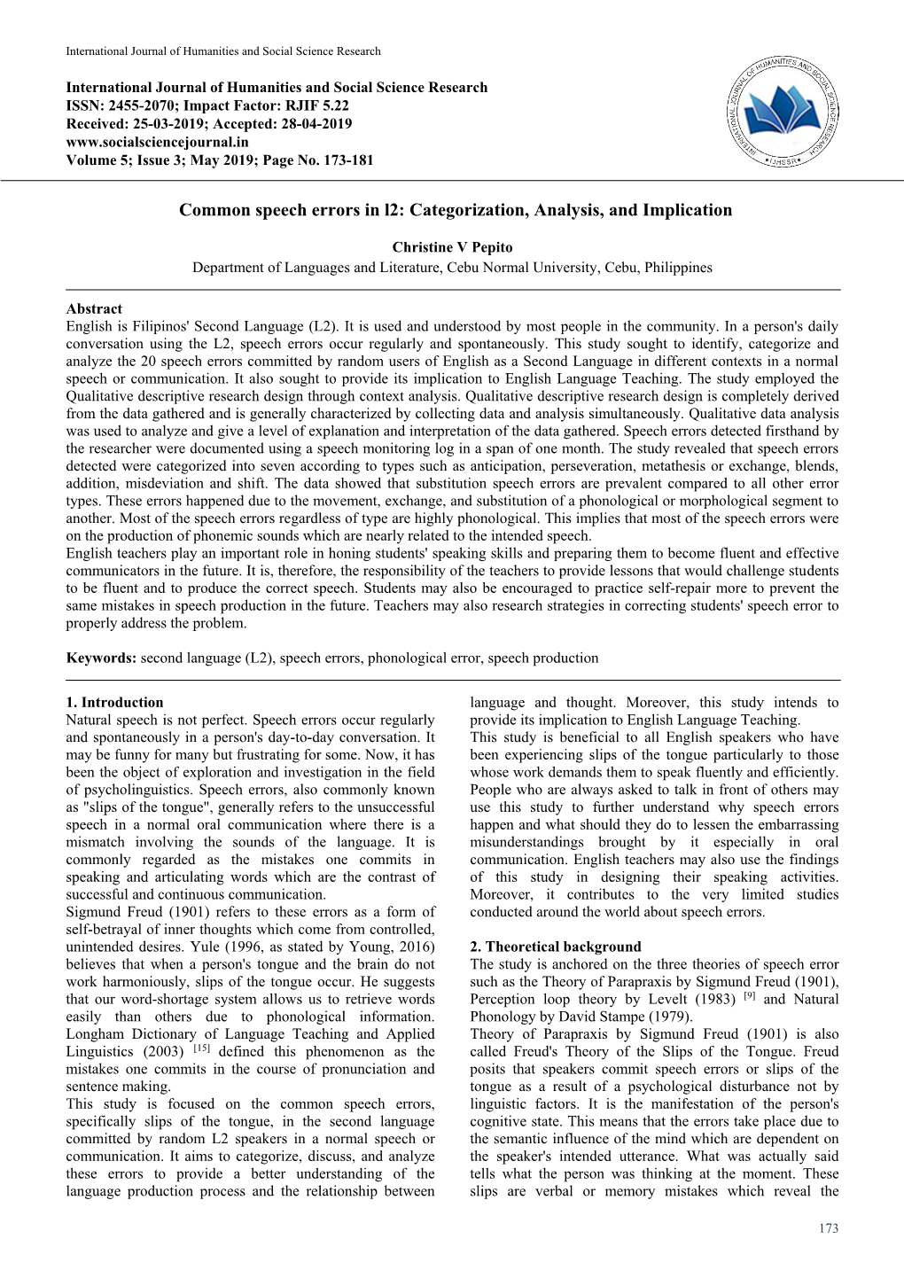 Common Speech Errors in L2: Categorization, Analysis, and Implication