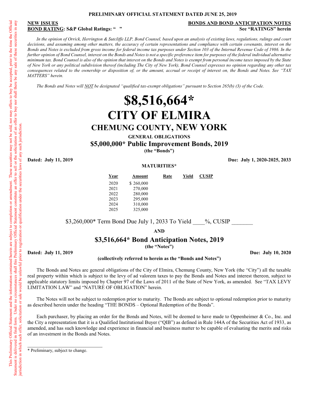 City of Elmira, Chemung County Chemung Elmira, Generalare Obligations of of City the N NOT