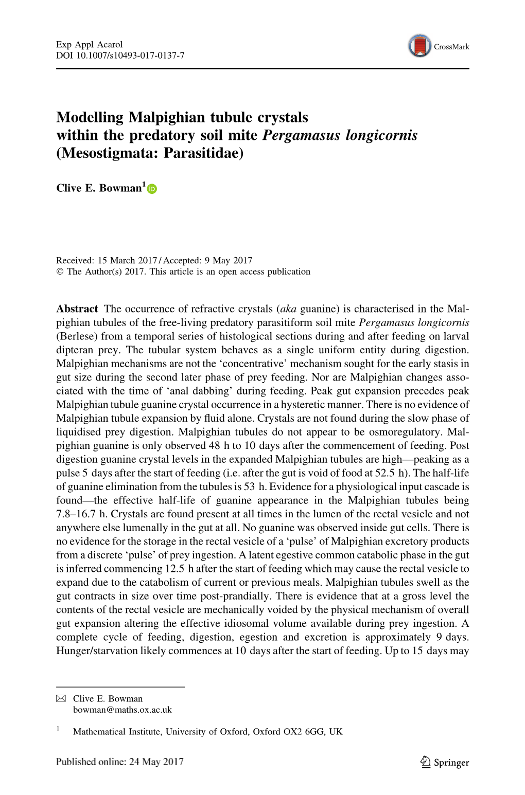 Modelling Malpighian Tubule Crystals Within the Predatory Soil Mite Pergamasus Longicornis (Mesostigmata: Parasitidae)