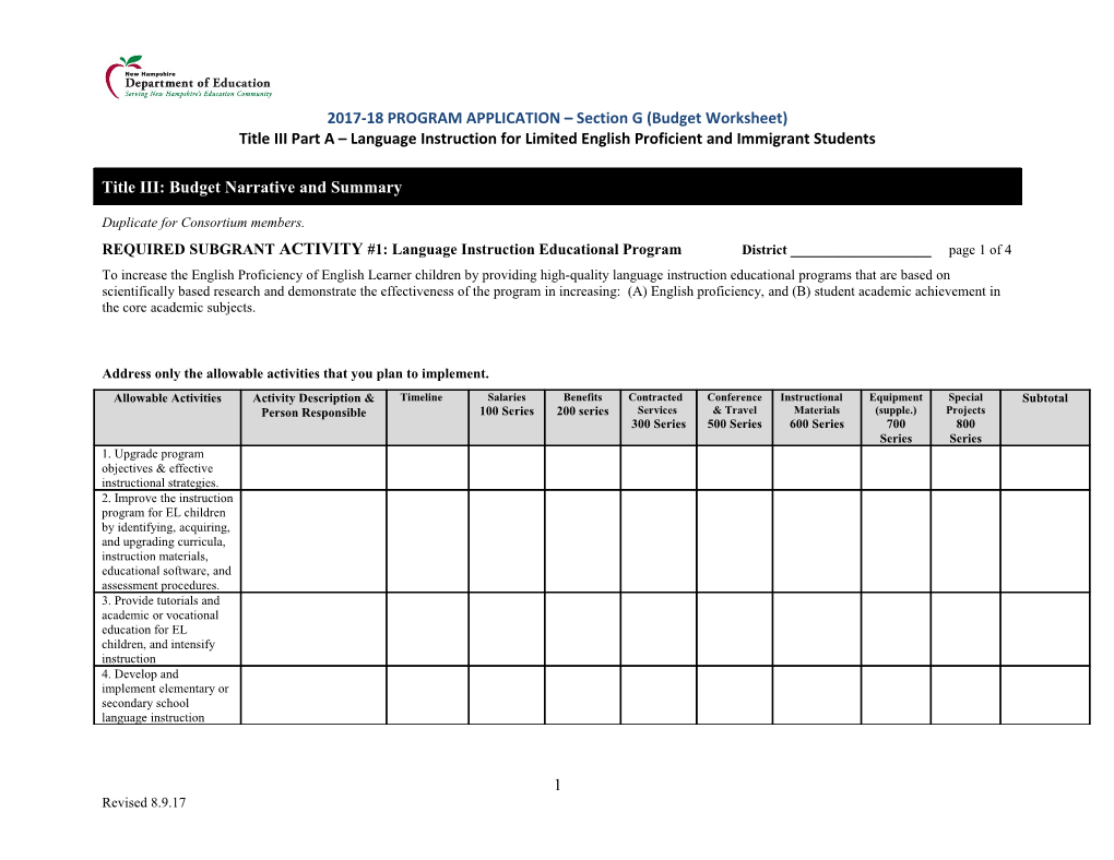 REQUIRED SUBGRANT ACTIVITY #1: Language Instruction Educational Program District Name______