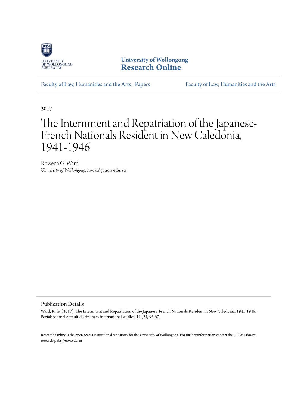The Internment and Repatriation of the Japanese-French Nationals Resident in New Caledonia, 1941–1946