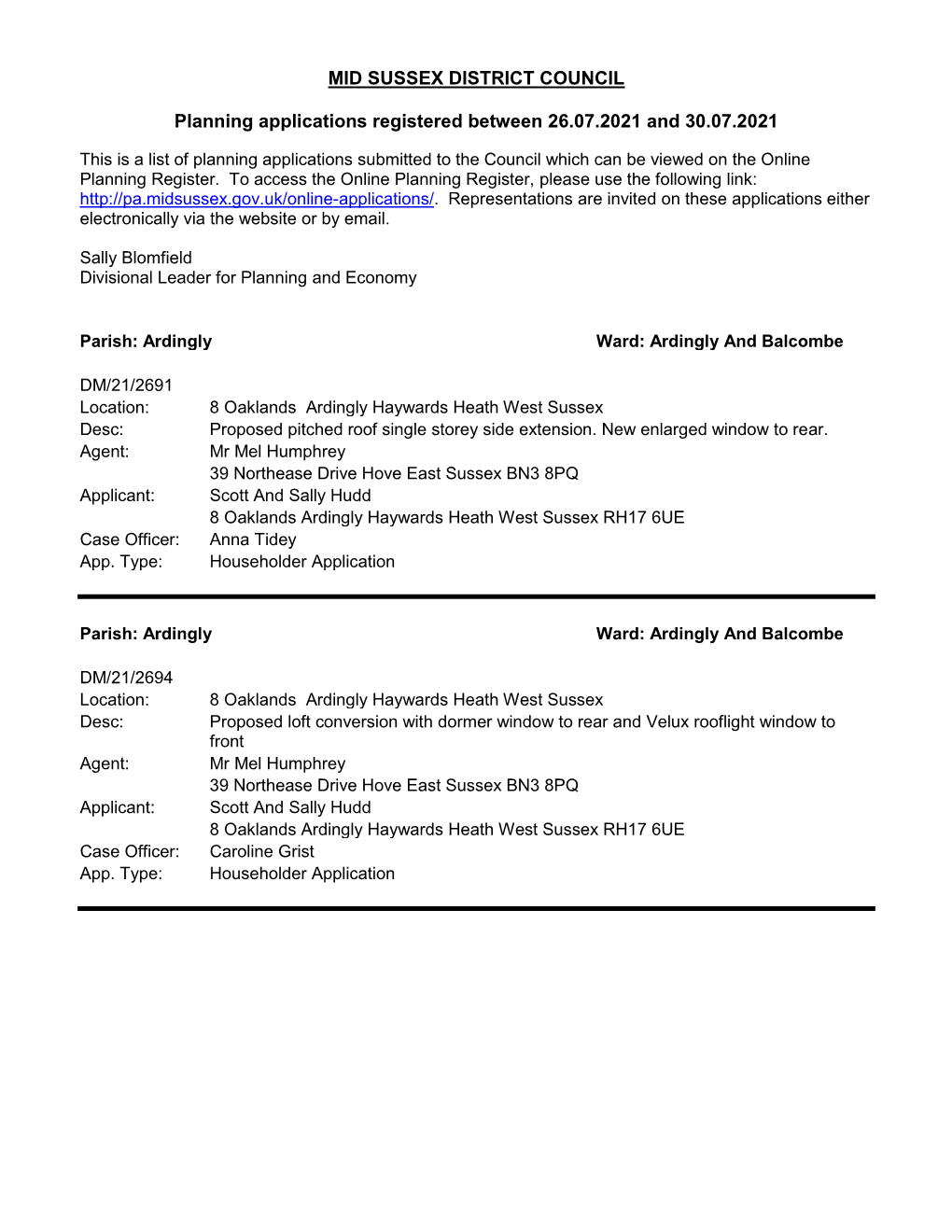 MID SUSSEX DISTRICT COUNCIL Planning Applications Registered