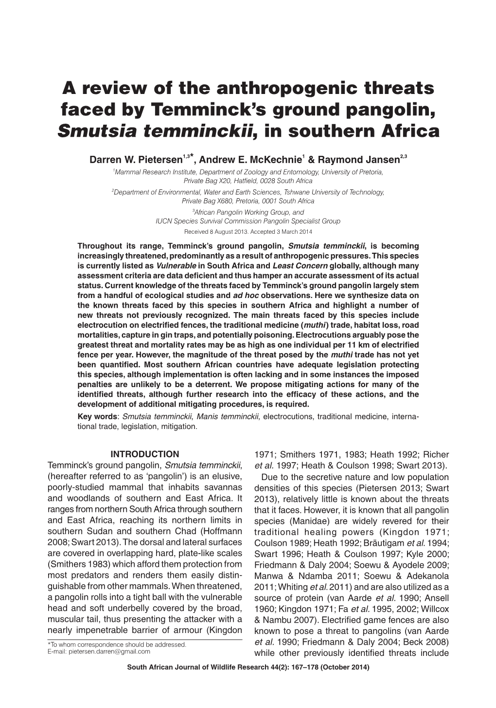 A Review of the Anthropogenic Threats Faced by Temminck’S Ground Pangolin, Smutsia Temminckii, in Southern Africa