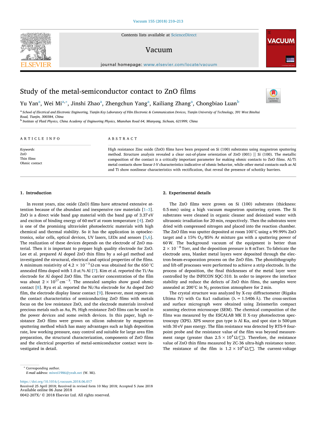 Study of the Metal-Semiconductor Contact to Zno Films