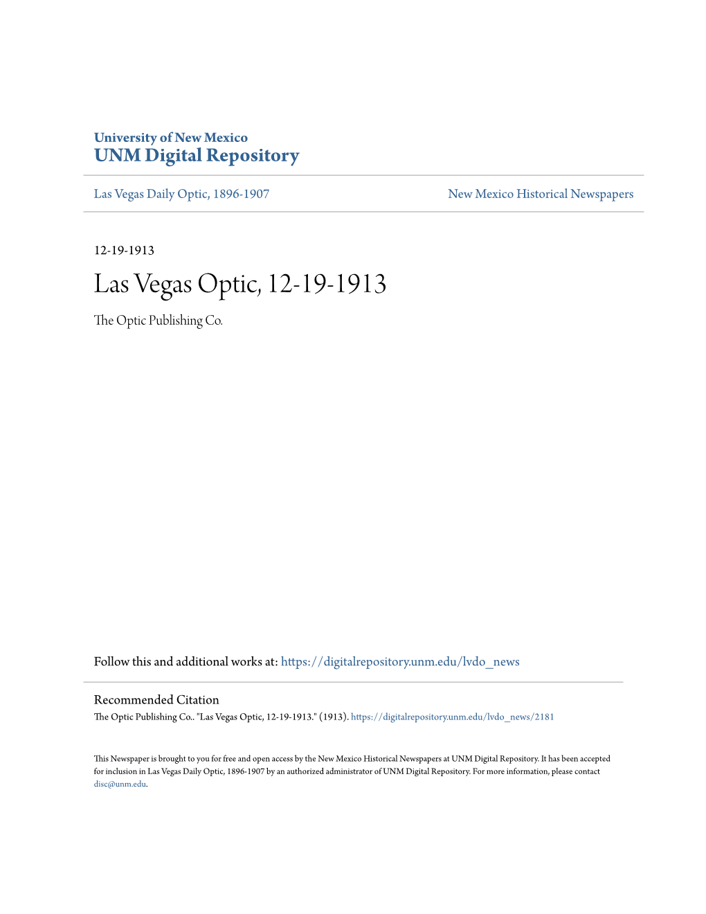 Las Vegas Optic, 12-19-1913 the Optic Publishing Co