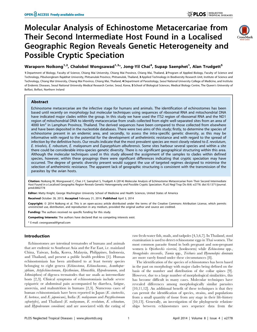 Molecular Analysis of Echinostome Metacercariae from Their Second Intermediate Host Found in a Localised Geographic Region Revea
