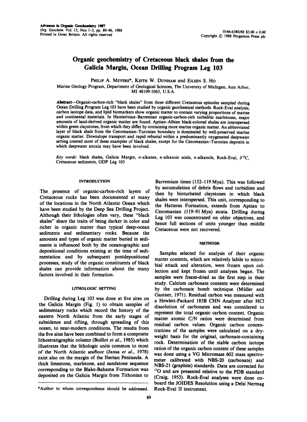 Organic Geochemistry of Cretaceous Black Shales from the Galicia Margin, Ocean Drilling Program Leg 103