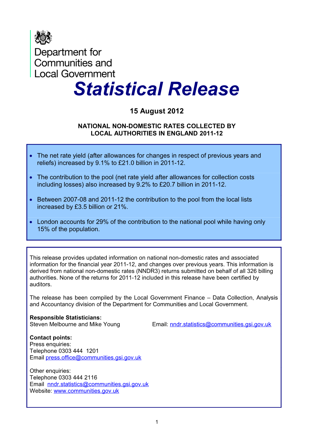 National Non-Domestic Rates Collected by Local Authorities in England 2011-12