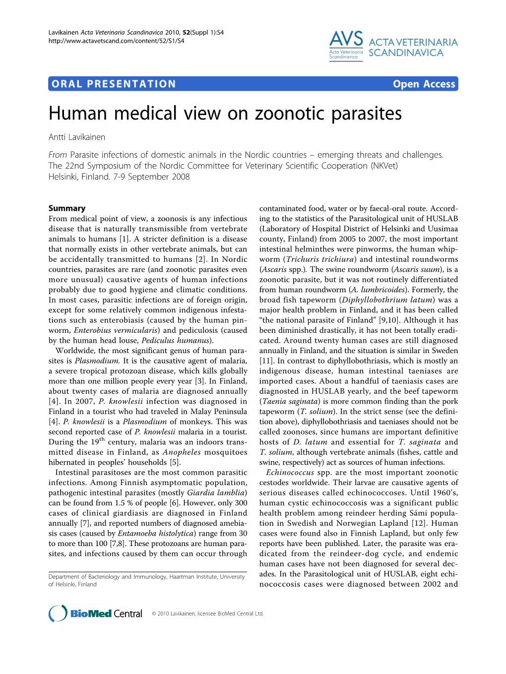 View on Zoonotic Parasites Antti Lavikainen from Parasite Infections of Domestic Animals in the Nordic Countries – Emerging Threats and Challenges