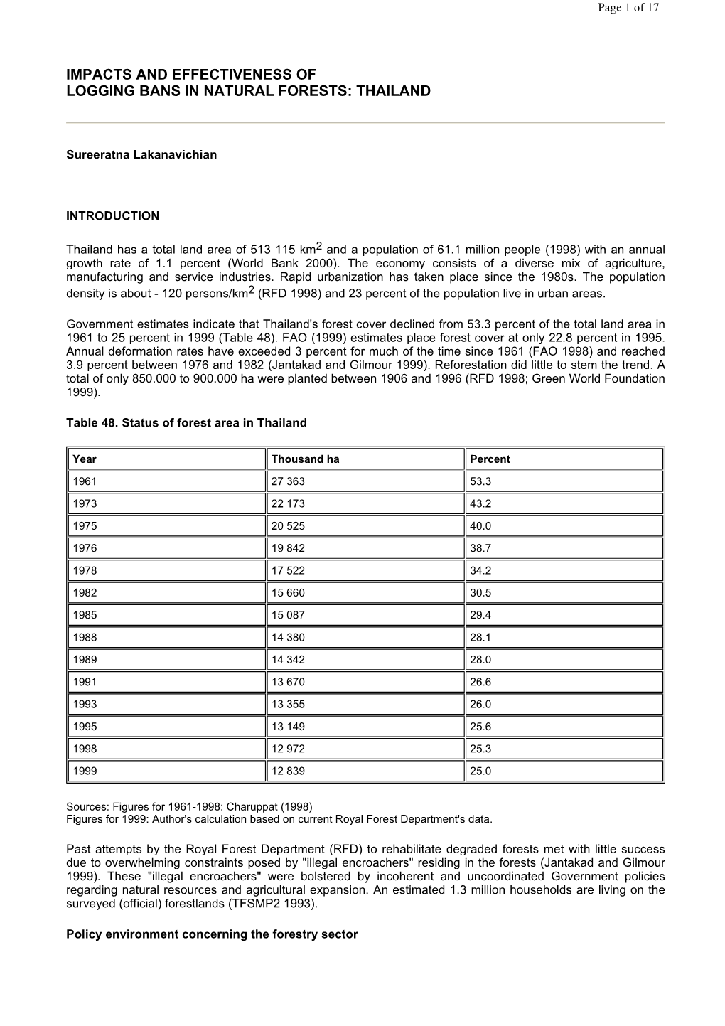 Impacts and Effectiveness of Logging Bans in Natural Forests: Thailand