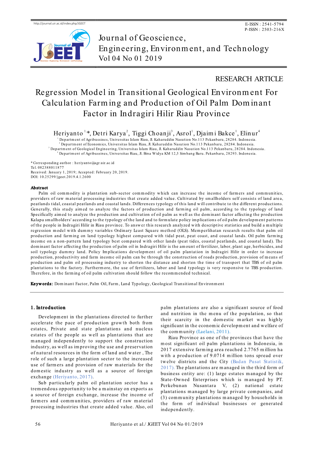 Journal of Geoscience, Engineering, Environment, and Technology