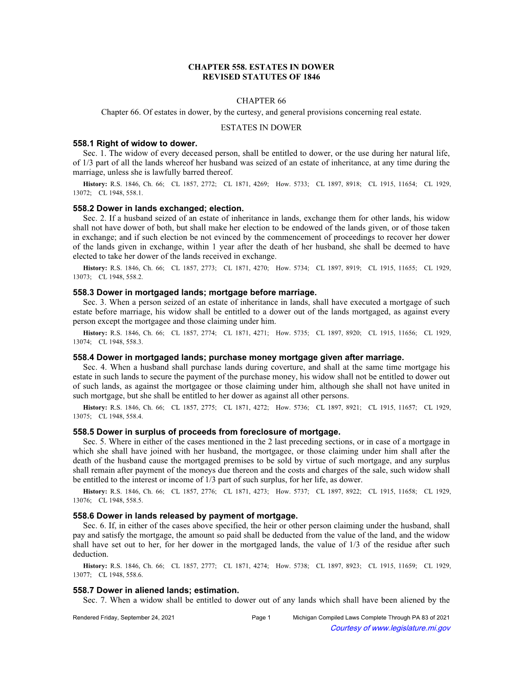 Chapter 558. Estates in Dower Revised Statutes of 1846