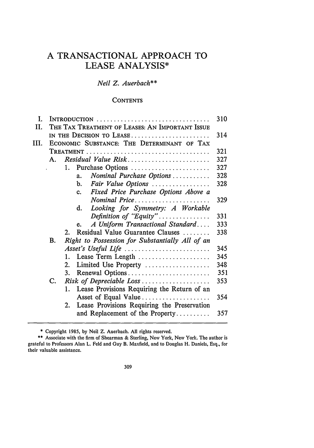 Transactional Approach to Lease Analysis, A