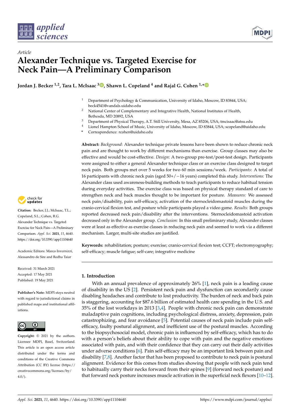 Alexander Technique Vs. Targeted Exercise for Neck Pain—A Preliminary Comparison