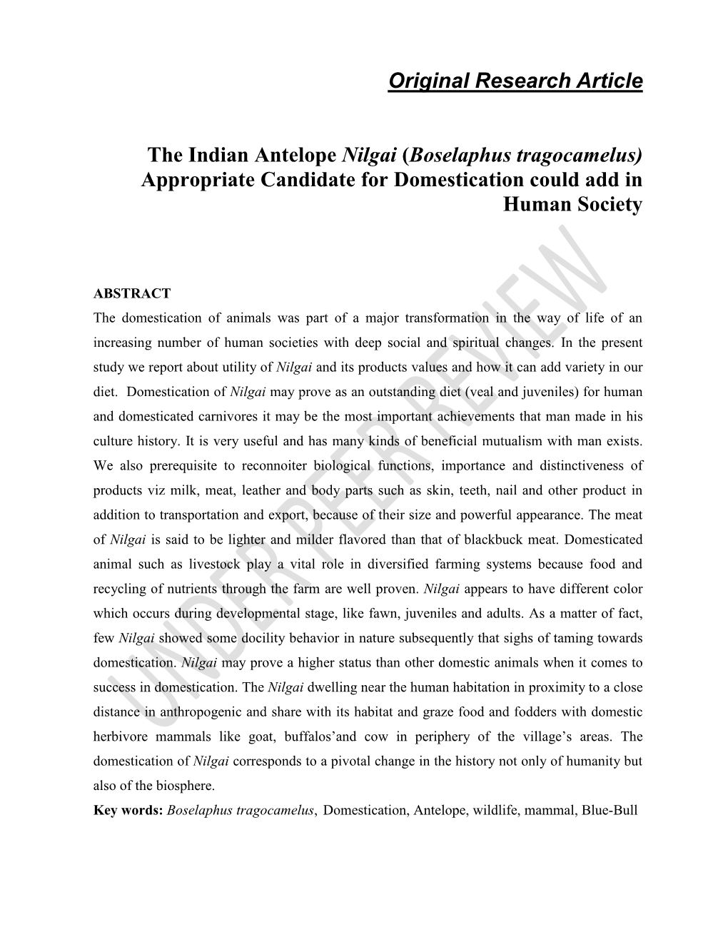 Original Research Article the Indian Antelope Nilgai