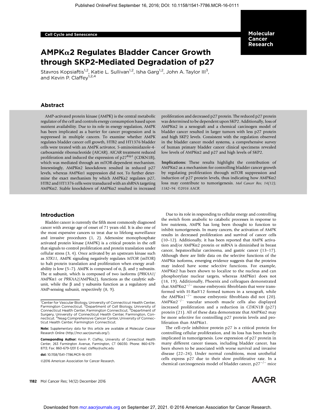 Ampka2 Regulates Bladder Cancer Growth Through SKP2-Mediated Degradation of P27 Stavros Kopsiaftis1,2, Katie L