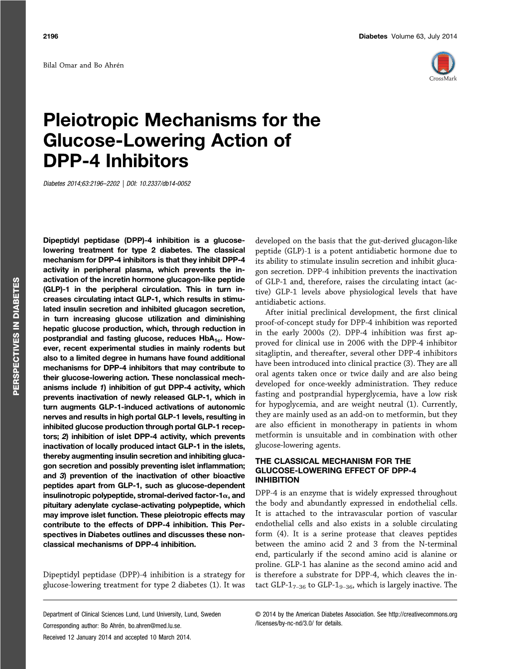 Pleiotropic Mechanisms for the Glucose-Lowering Action of DPP-4 Inhibitors