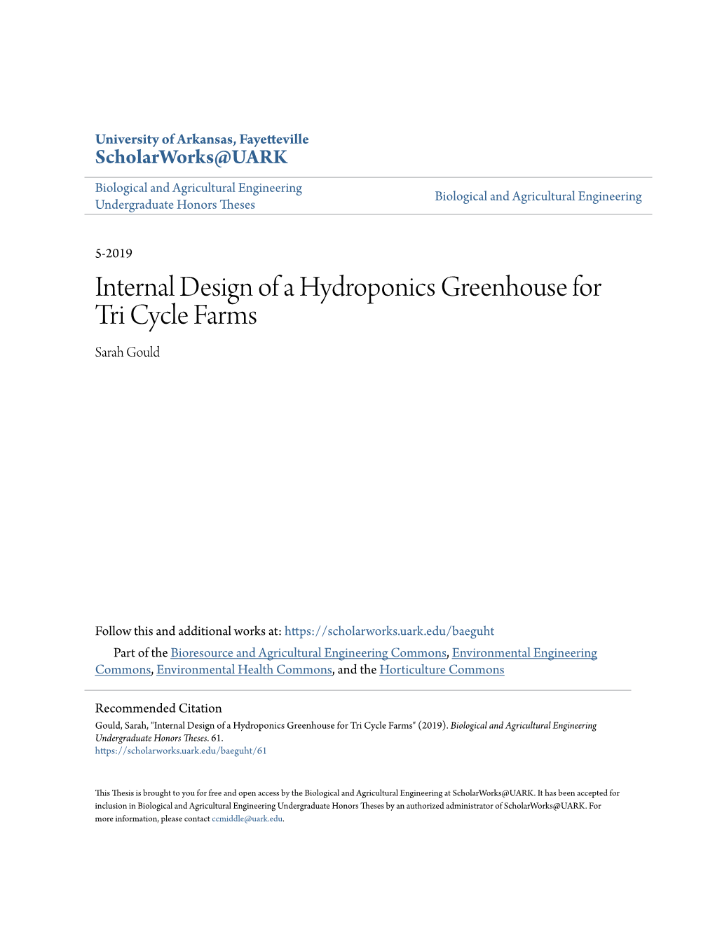 Internal Design of a Hydroponics Greenhouse for Tri Cycle Farms Sarah Gould