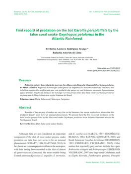 First Record of Predation on the Bat Carollia Perspicillata by the False Coral Snake Oxyrhopus Petolarius in the Atlantic Rainforest
