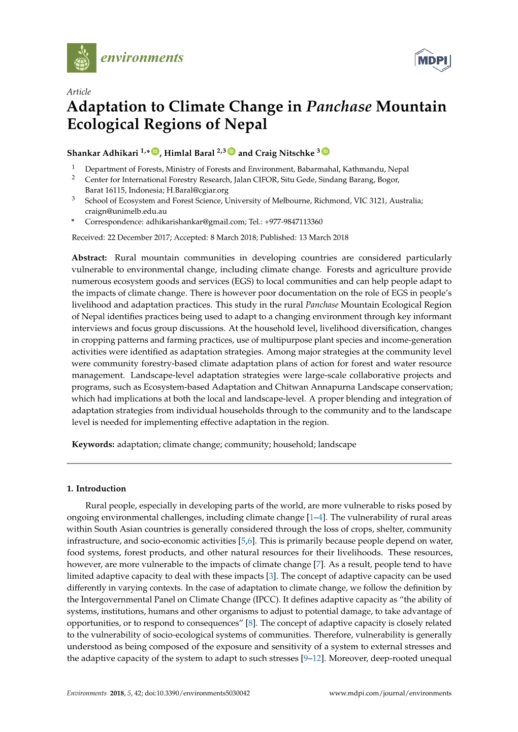 Adaptation to Climate Change in Panchase Mountain Ecological Regions of Nepal