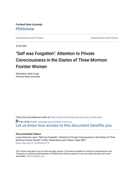 Self Was Forgotten": Attention to Private Consciousness in the Diaries of Three Mormon Frontier Women