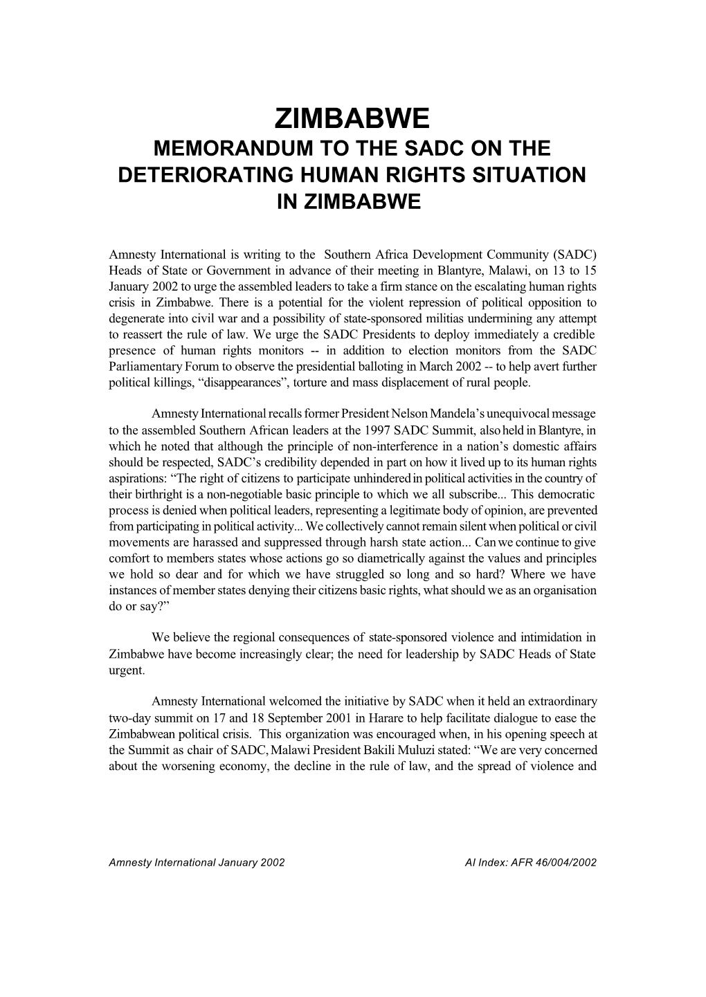 Zimbabwe Memorandum to the Sadc on the Deteriorating Human Rights Situation in Zimbabwe