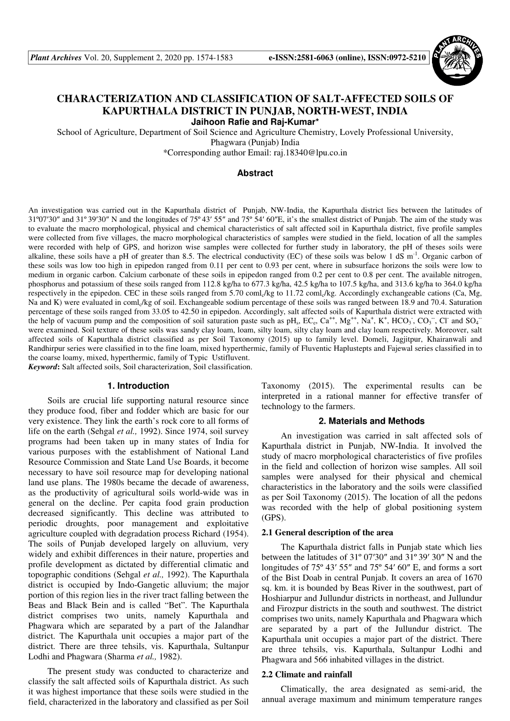 Characterization and Classification of Salt-Affected Soils of Kapurthala