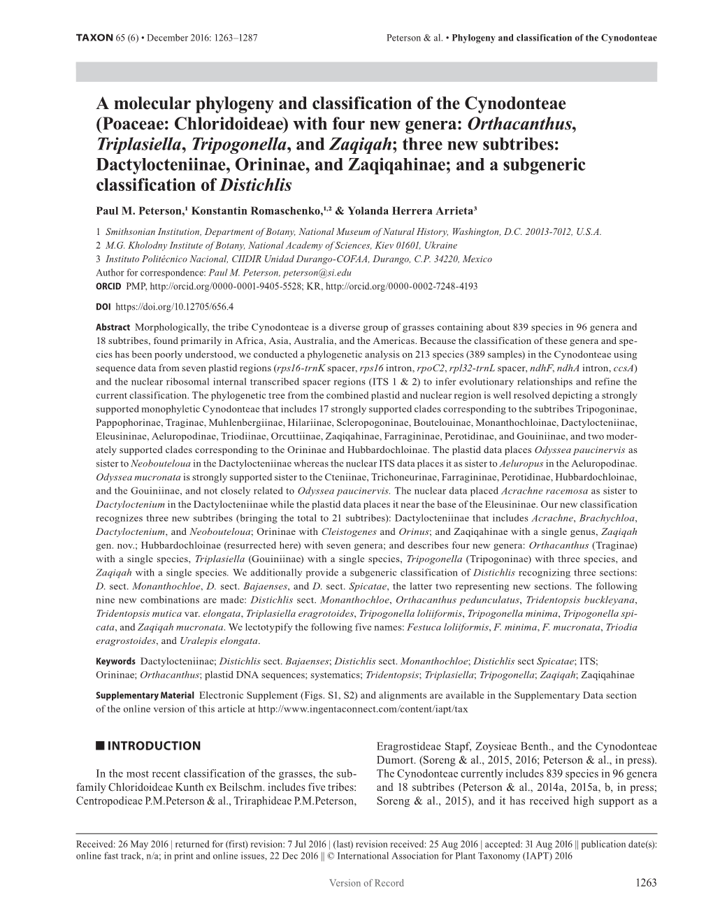 A Molecular Phylogeny and Classification of the Cynodonteae