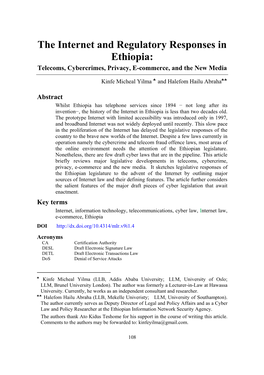 The Internet and Regulatory Responses in Ethiopia: Telecoms, Cybercrimes, Privacy, E-Commerce, and the New Media