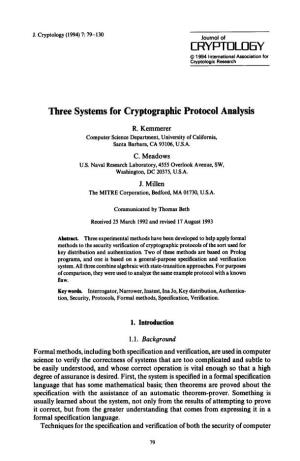 Three Systems for Cryptographic Protocol Analysis