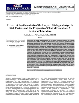 Recurrent Papillomatosis of the Larynx. Etiological Aspects, Risk Factors and the Prognosis of Clinical Evolution: a Review of Literature