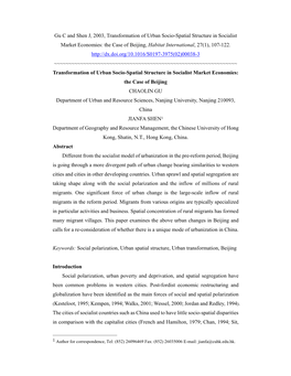 Gu C and Shen J, 2003, Transformation of Urban Socio-Spatial Structure in Socialist Market Economies: the Case of Beijing, Habitat International, 27(1), 107-122