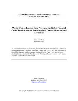 Would Women Leaders Have Prevented the Global Financial Crisis? Implications for Teaching About Gender, Behavior, and Economics